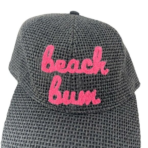 Beach Bum Hat Black Woven Baseball Cap Pink Embroidery Womens OS Strap Back NEW - Picture 2 of 7